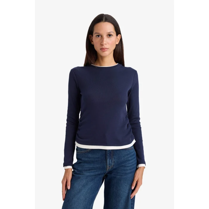 Defacto E6548AXNV245 Lacivert Slim Fit Ribana Tişört