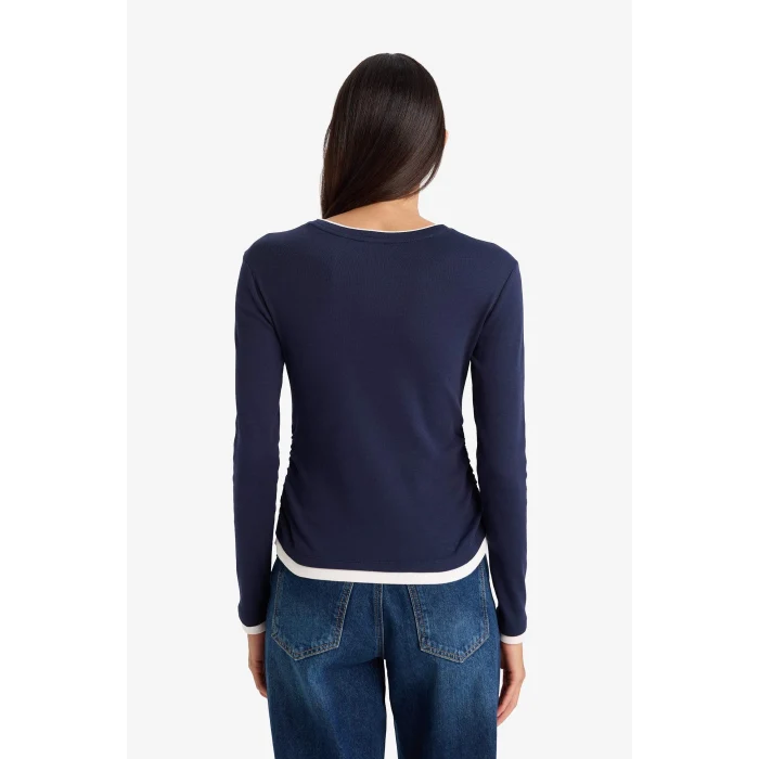 Defacto E6548AXNV245 Lacivert Slim Fit Ribana Tişört