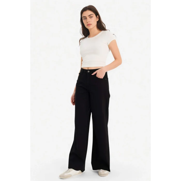 Defacto E4381AXBK81 Siyah %100 Pamuk Wıde Leg Normal Bel Gabardin Pantolon