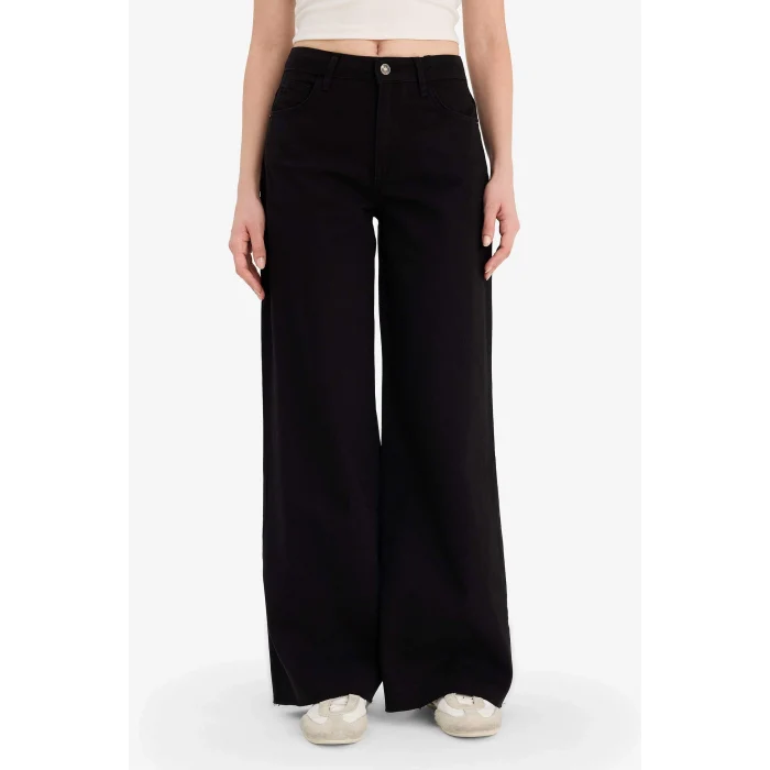 Defacto E4381AXBK81 Siyah %100 Pamuk Wıde Leg Normal Bel Gabardin Pantolon