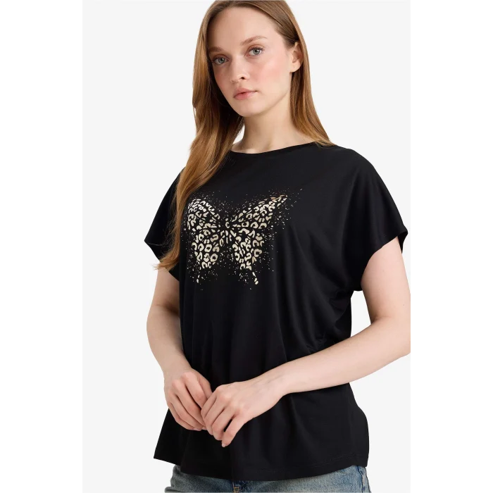 Defacto G2882AXBK81 Siyah Bisiklet Yaka Kelebek Desenli Kısa Kollu Tişört