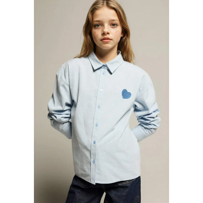 Defacto G6903A8BE789 Mavi Poplin Uzun Kollu Gömlek Kız Çocuk