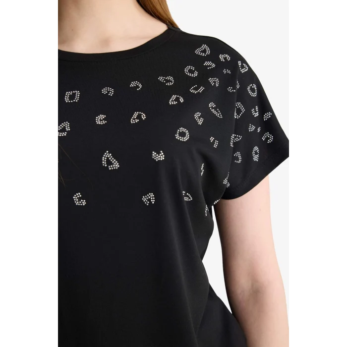 Defacto G9268AXBK81 Siyah Bisiklet Yaka Taş Baskılı Kısa Kollu Tişört