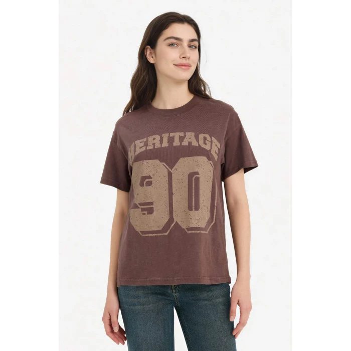 Defacto G8058AXBN340 Kahve %100 Pamuk Oversıze Spor Baskılı Tişört