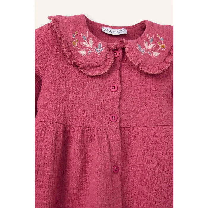 Defacto G8141A5BR123 Bordo Çiçekli Müslin Nakış Yakalı Elbise Kız Bebek