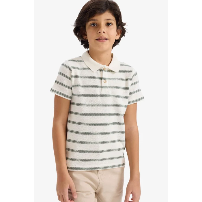Defacto G6731A8ER105 Ekru Polo Yaka Çizgili Tişört Erkek Çocuk