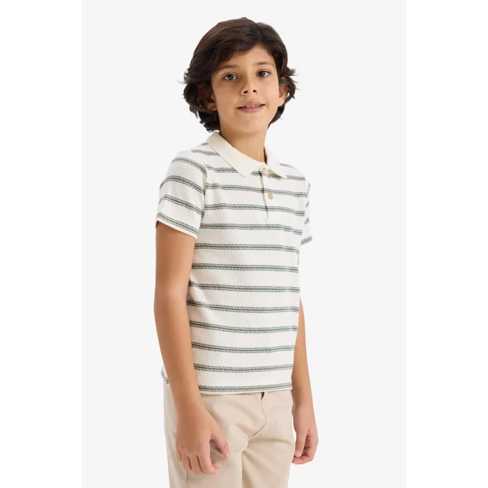 Defacto G6731A8ER105 Ekru Polo Yaka Çizgili Tişört Erkek Çocuk