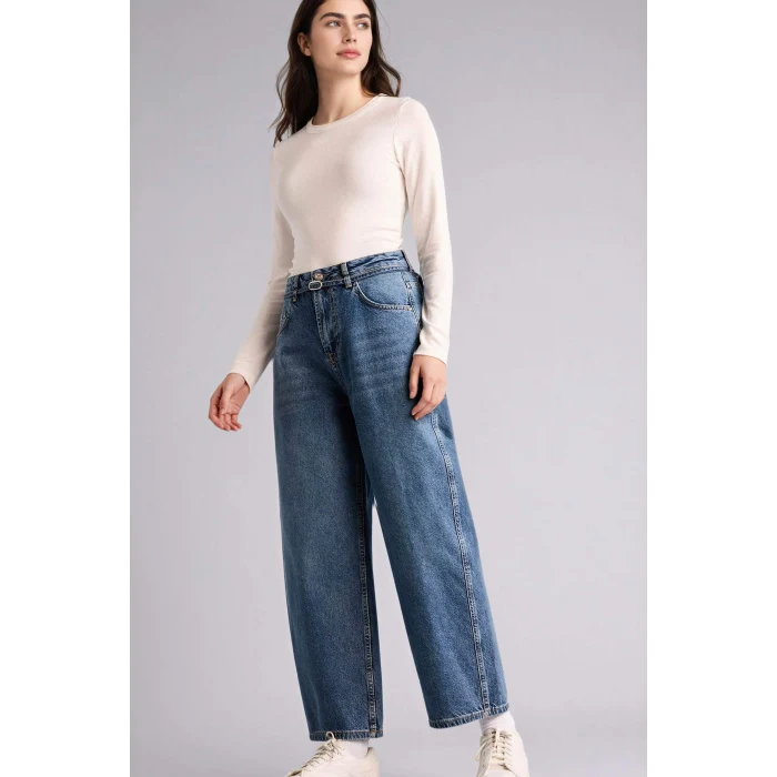 Defacto G8867AXNM28 Mavi %100 Pamuk Barrel Fıt Normal Bel Jean Pantolon