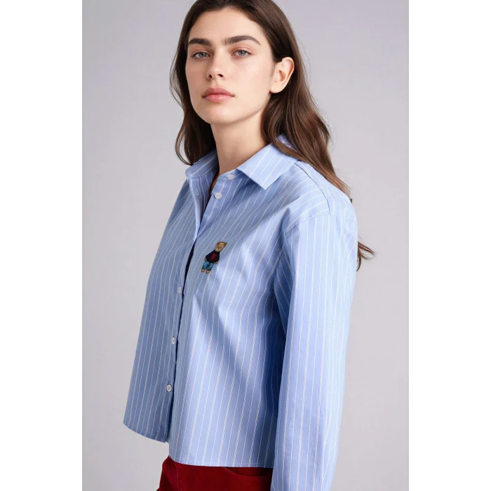 Defacto G9488AXBE553 Mavi Oversıze Gömlek Yaka Bengalin Uzun Kollu Gömlek