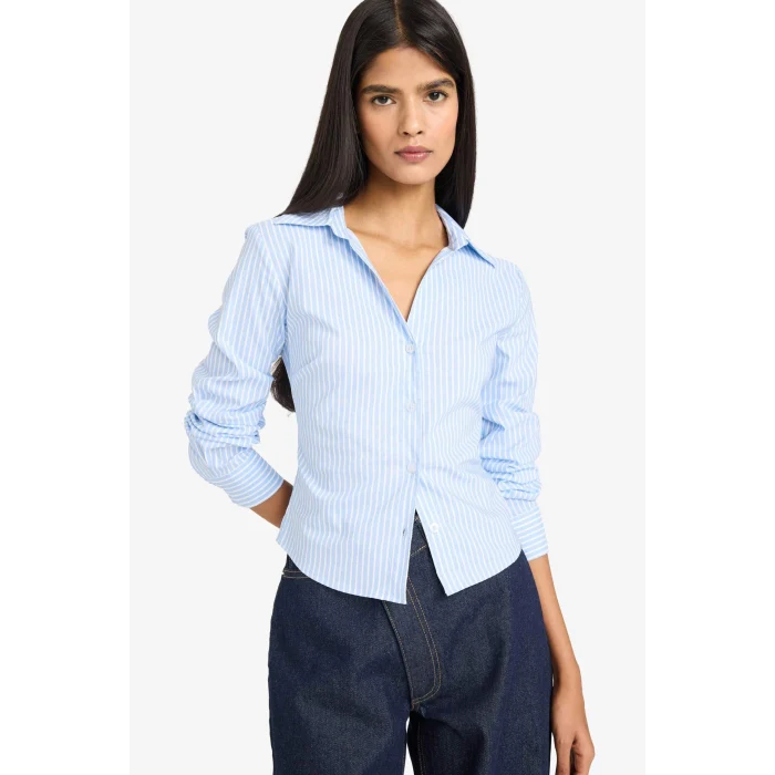 Defacto D4013AXBE552 Mavi Fitted Çizgili Bengalin Gömlek