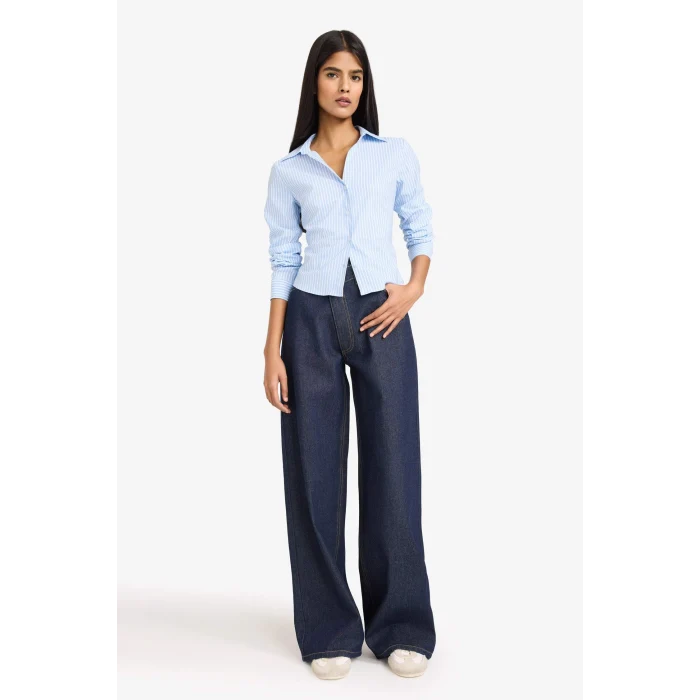 Defacto D4013AXBE552 Mavi Fitted Çizgili Bengalin Gömlek