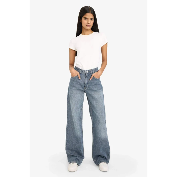 Defacto F5527AXNM28 Mavi %100 Pamuk Straıght Wıde Jean Pantolon