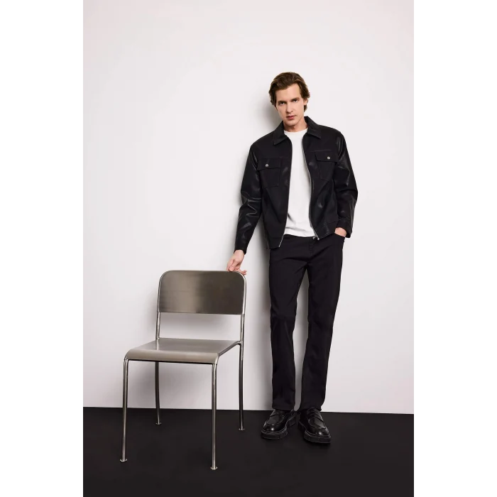 Defacto F7745AXBK27 Siyah Slim Fıt Astarlı Fermuarlı Suni Deri Mont