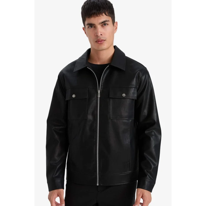 Defacto F7745AXBK27 Siyah Slim Fıt Astarlı Fermuarlı Suni Deri Mont