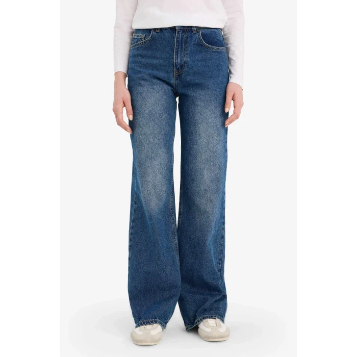 Defacto G8848AXNM34 Mavi %100 Pamuk Straıght Wıde Yüksek Bel Jean Pantolon