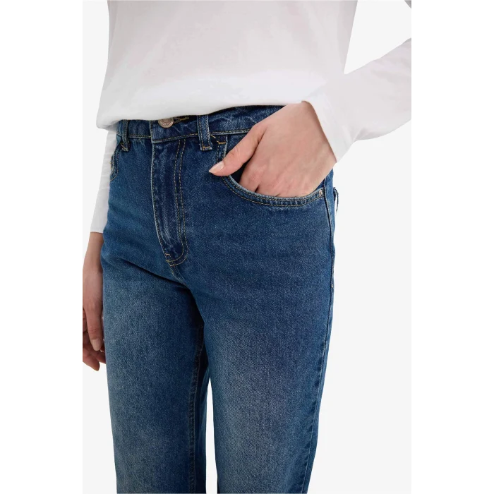 Defacto G8848AXNM34 Mavi %100 Pamuk Straıght Wıde Yüksek Bel Jean Pantolon