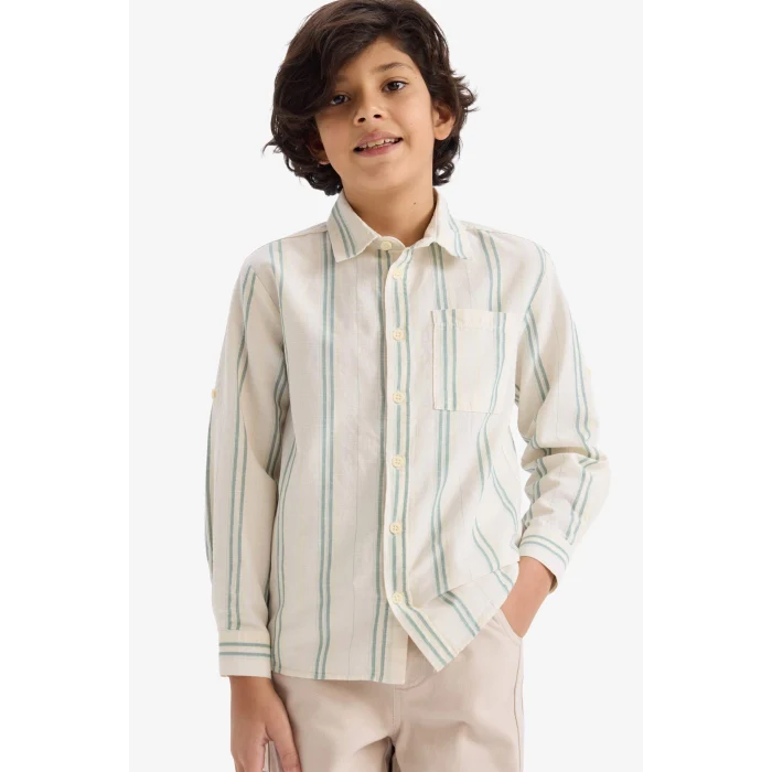 Defacto G6726A8ER238 Ekru Erkek Çocuk Çizgili Uzun Kollu Gömlek