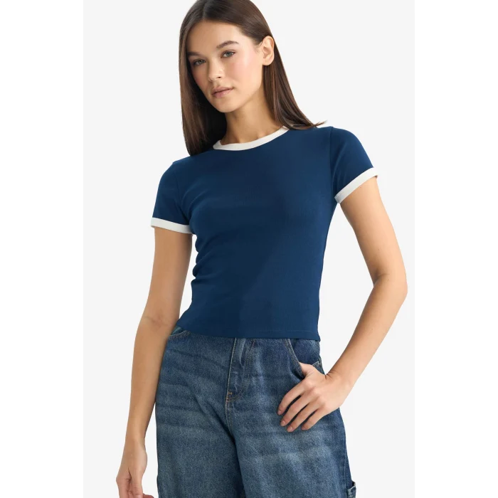 Defacto F9823AXNV248 Lacivert Fıtted Bisiklet Yaka Ribana Kısa Kollu Tişört