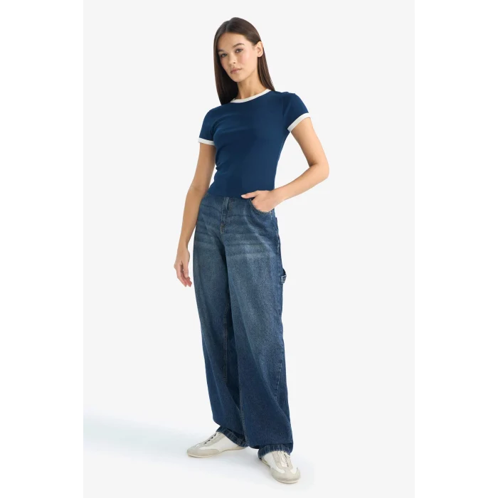 Defacto F9823AXNV248 Lacivert Fıtted Bisiklet Yaka Ribana Kısa Kollu Tişört