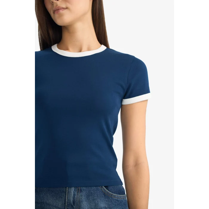 Defacto F9823AXNV248 Lacivert Fıtted Bisiklet Yaka Ribana Kısa Kollu Tişört
