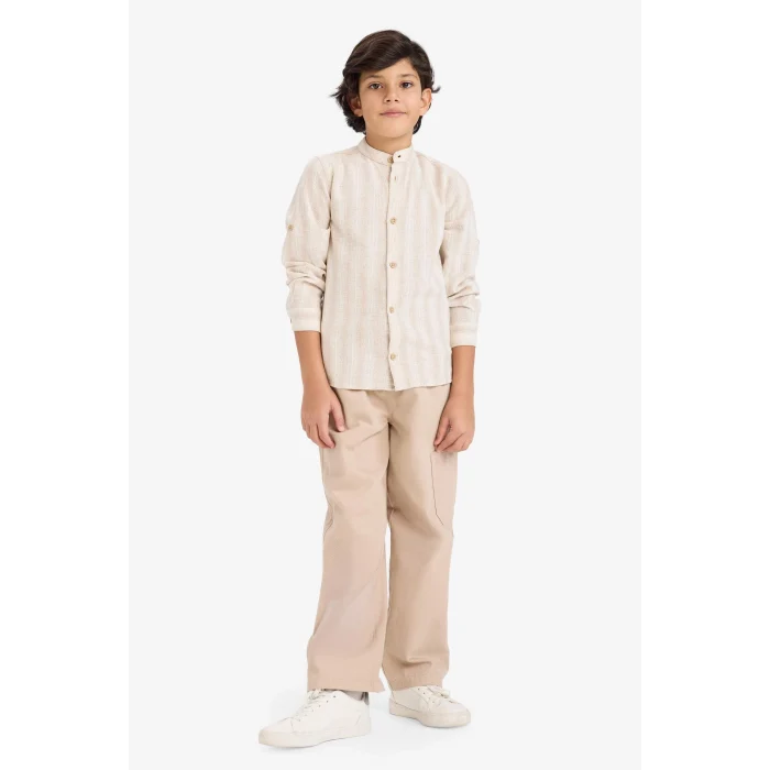Defacto G6729A8BG186 Bej Erkek Çocuk Dik Yaka Çizgili Uzun Kollu Gömlek
