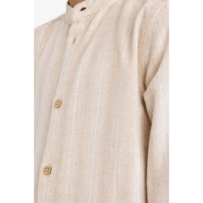 Defacto G6729A8BG186 Bej Erkek Çocuk Dik Yaka Çizgili Uzun Kollu Gömlek