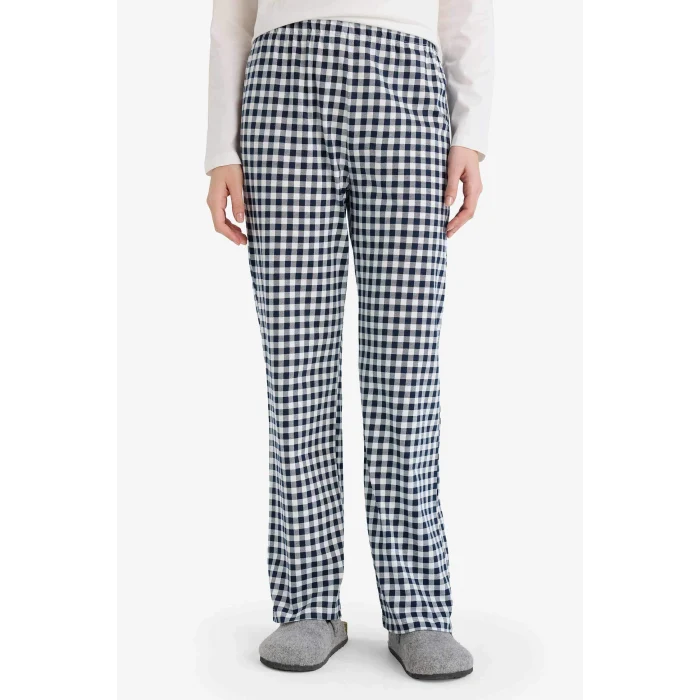 Defacto G2169AXNV241 Lacivert Pijama Takımı Regular Fit Ayıcıklı Uzun Kollu Üst Kareli Uzun Alt