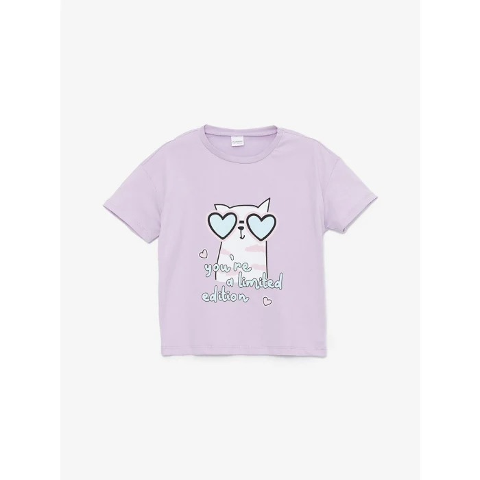 LCW Kids Lila Bisiklet Yaka Baskılı Kısa Kollu Kız Çocuk Şortlu Pijama Takımı