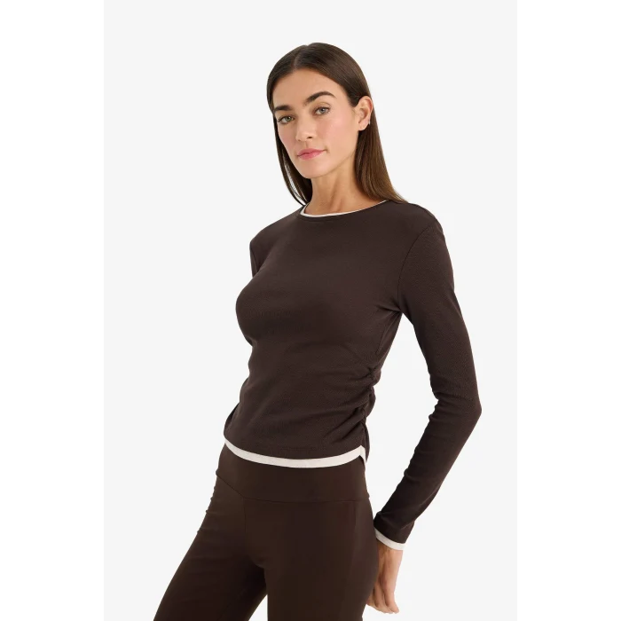 Defacto E6548AXBN267 Kahve Slim Fit Ribana Tişört