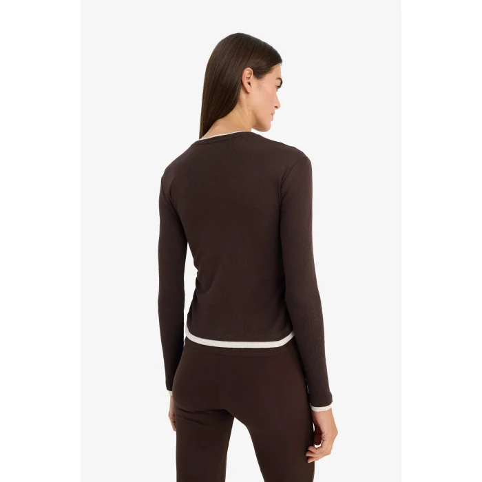 Defacto E6548AXBN267 Kahve Slim Fit Ribana Tişört