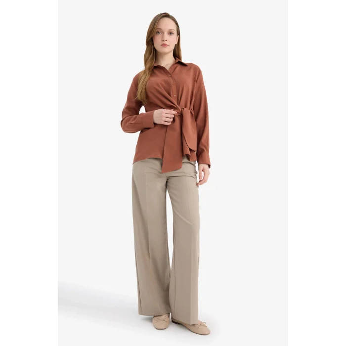 Defacto G9131AXBN312 Kahve Relax Fıt Gömlek Yaka Modal Uzun Kollu Gömlek