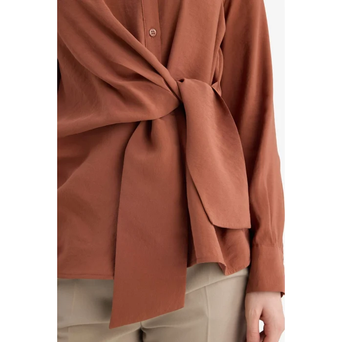 Defacto G9131AXBN312 Kahve Relax Fıt Gömlek Yaka Modal Uzun Kollu Gömlek