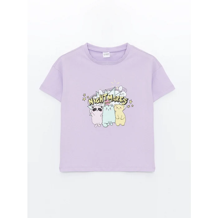 LCW Kids Lila Bisiklet Yaka Baskılı Kısa Kollu Kız Çocuk Şortlu Pijama Takımı