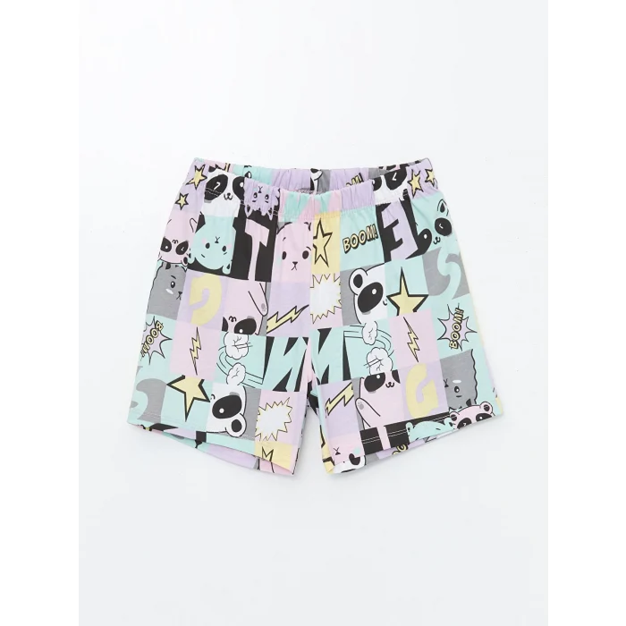 LCW Kids Lila Bisiklet Yaka Baskılı Kısa Kollu Kız Çocuk Şortlu Pijama Takımı