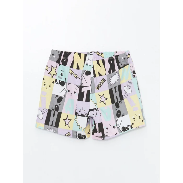 LCW Kids Lila Bisiklet Yaka Baskılı Kısa Kollu Kız Çocuk Şortlu Pijama Takımı