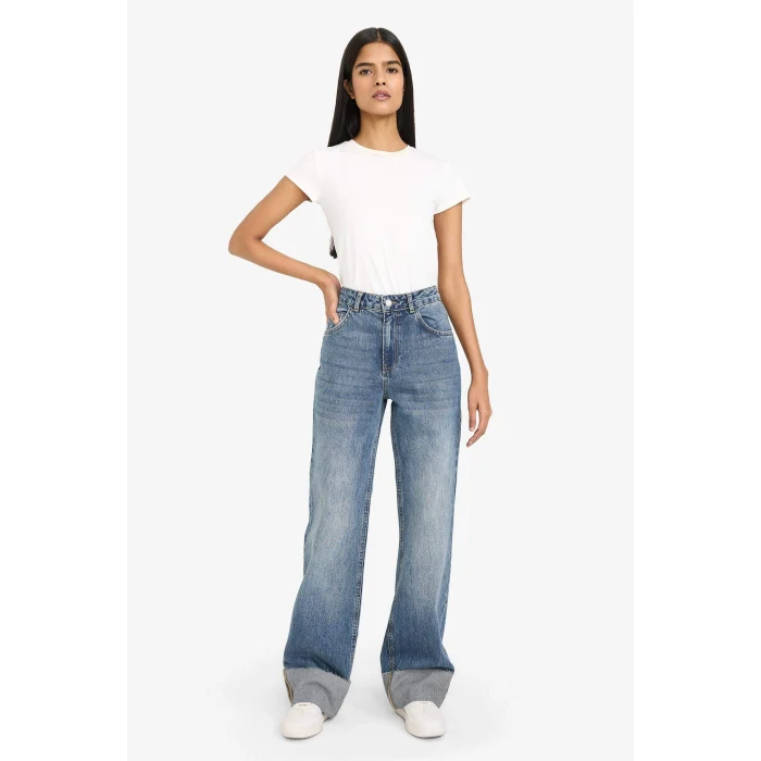 Defacto G8852AXNM34 Mavi %100 Pamuk Straıght Wıde Yüksek Bel Jean Pantolon