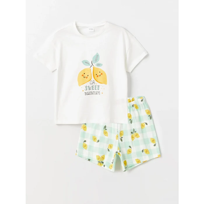 LCW Kids Ekru Bisiklet Yaka Baskılı Kısa Kollu Kız Çocuk Şortlu Pijama Takımı