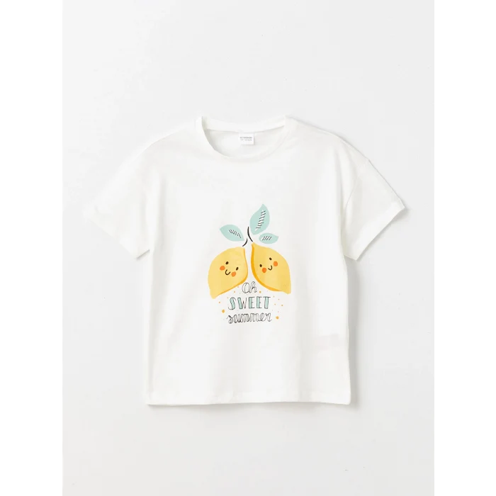 LCW Kids Ekru Bisiklet Yaka Baskılı Kısa Kollu Kız Çocuk Şortlu Pijama Takımı