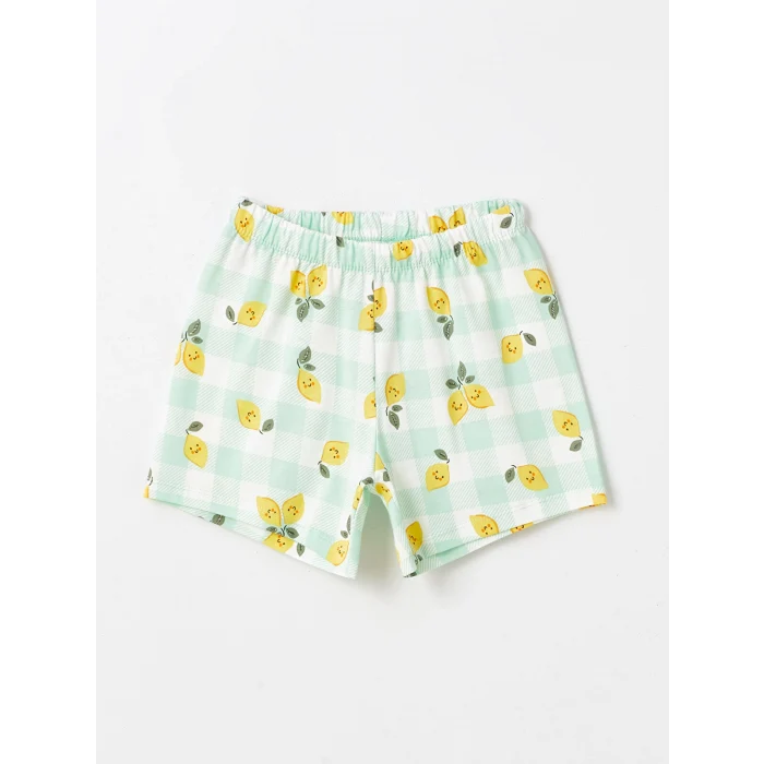 LCW Kids Ekru Bisiklet Yaka Baskılı Kısa Kollu Kız Çocuk Şortlu Pijama Takımı