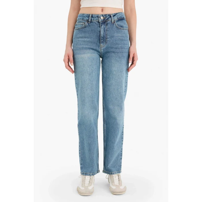 Defacto D8155AXNM28 Mavi Comfort Straıght Yüksek Bel Bilek Boy Jean Yıkamalı Pantolon