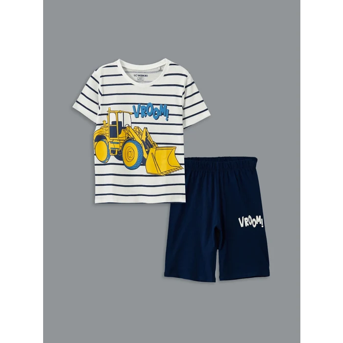 LCW Kids Ekru Bisiklet Yaka Erkek Çocuk Şortlu Pijama Takımı