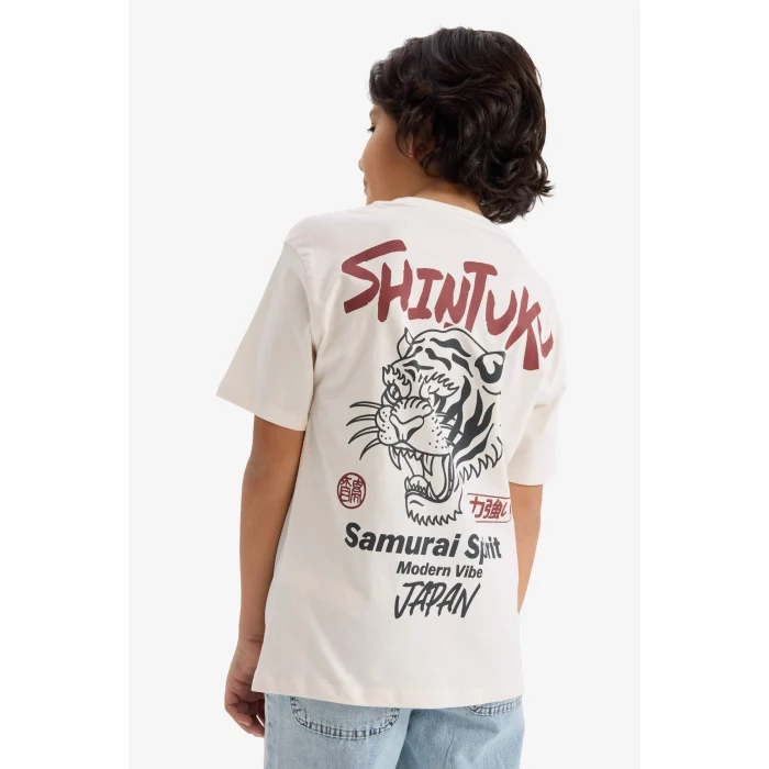 Defacto G7465A8ER78 Ekru Bisiklet Yaka Sırt Baskılı Kısa Kollu Tişört Erkek Çocuk