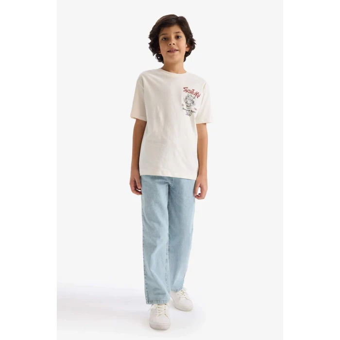 Defacto G7465A8ER78 Ekru Bisiklet Yaka Sırt Baskılı Kısa Kollu Tişört Erkek Çocuk