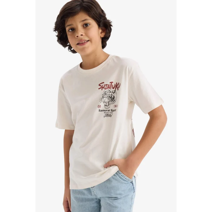 Defacto G7465A8ER78 Ekru Bisiklet Yaka Sırt Baskılı Kısa Kollu Tişört Erkek Çocuk