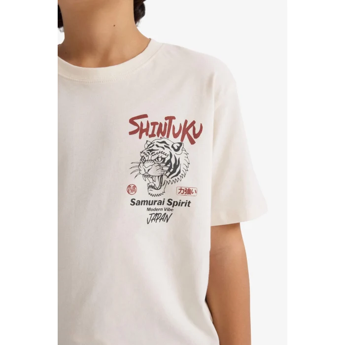 Defacto G7465A8ER78 Ekru Bisiklet Yaka Sırt Baskılı Kısa Kollu Tişört Erkek Çocuk