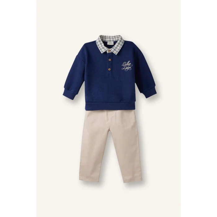 Defacto G6480A5NV95 Lacivert Selanik Kumaş 2li Takım Polo Yaka Sweatshirt Pantolon Erkek Bebek