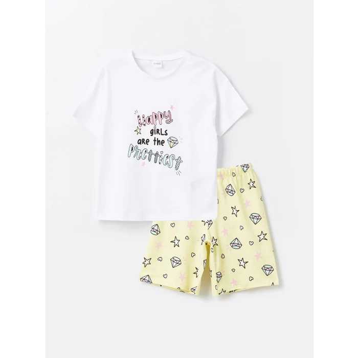 LCW Kids Beyaz Bisiklet Yaka Baskılı Kısa Kollu Kız Çocuk Şortlu Pijama Takımı