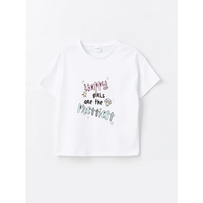 LCW Kids Beyaz Bisiklet Yaka Baskılı Kısa Kollu Kız Çocuk Şortlu Pijama Takımı