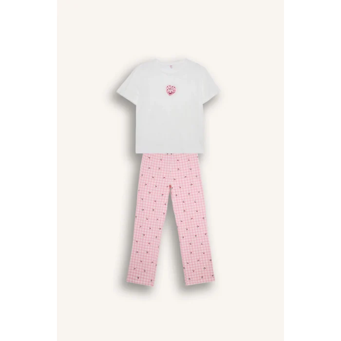 Defacto G1674AXPN149 Pembe Pijama Takımı Regular Fit Baskılı Kısa Kollu Üst Desenli Uzun Alt