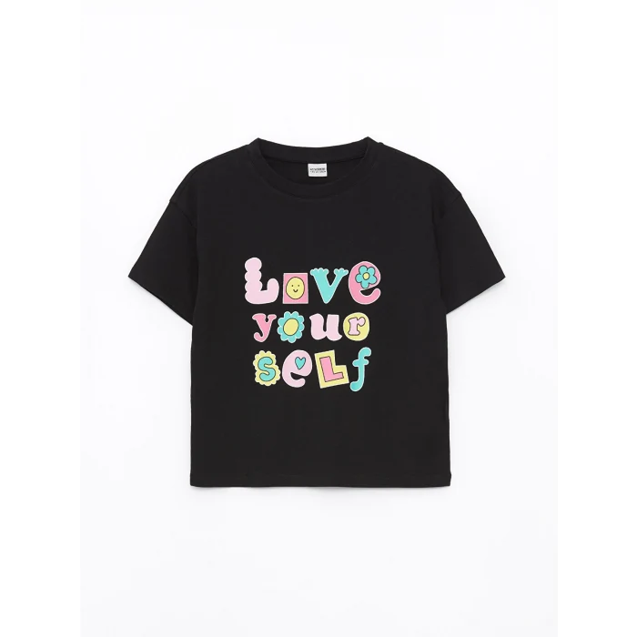 LCW Kids Siyah Bisiklet Yaka Baskılı Kısa Kollu Kız Çocuk Şortlu Pijama Takımı